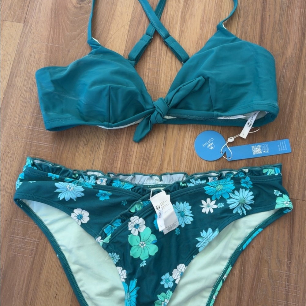 Cupshe Teal Floral Bikini Set